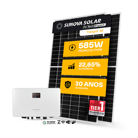 KIT ENERGIA SOLAR 1000KWH MÊS 7,60KWP 13 PAINEL SUNOVA 585W INVERSOR SUNGROW 5KW 220V 2MPPT