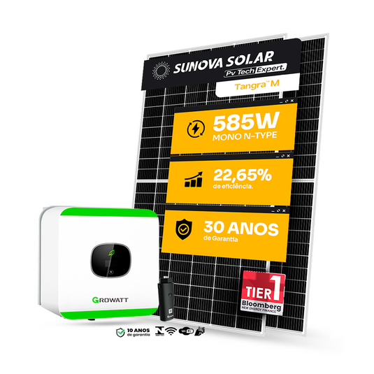 KIT ENERGIA SOLAR 950KWH MÊS 7,02KWP 12 PAINEL SUNOVA 585W INVERSOR GROWATT 6KW 220V 2MPPT