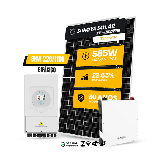 KIT ENERGIA SOLAR HÍBRIDO 1100KWH MÊS 8,19KWP 14 PAINEL SUNOVA 585W INVERSOR DEYE 8KW 110/220V BATERIA DYNESS 5,12KWH