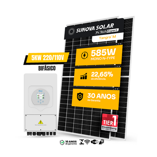 KIT ENERGIA SOLAR HÍBRIDO 450KWH MÊS 3,51KWP 6 PAINEL SUNOVA 585W INVERSOR DEYE 5KW 110/220V 2MPPT