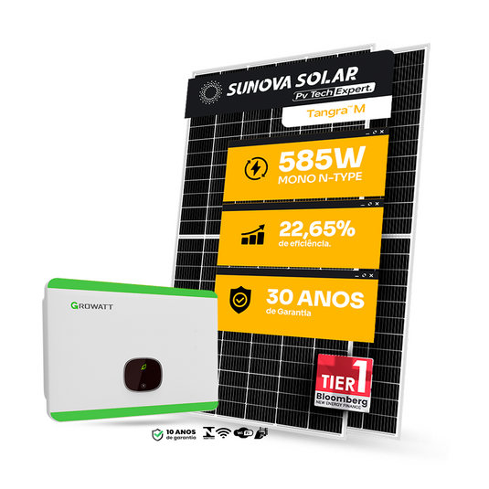 KIT ENERGIA SOLAR 2000KWH MÊS 15,21WP 26 PAINEL SUNOVA 585W INVERSOR GROWATT 15KW TRIFÁSICO 220V 4MPPT