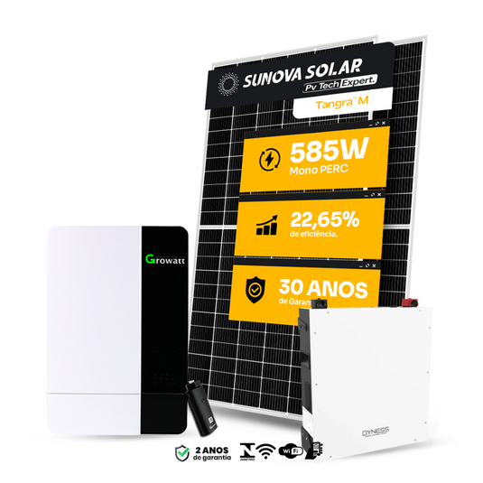 KIT ENERGIA SOLAR OFFGRID 2,34KWP 4 PAINEL SUNOVA 585W INVERSOR GROWATT 3KW 110V BATERIA DYNESS 5,12KWH