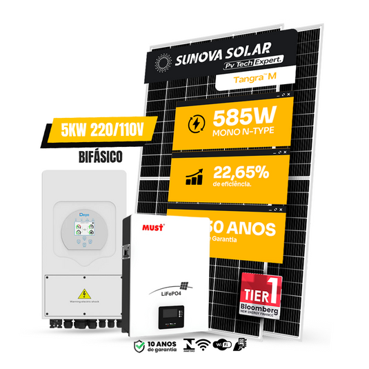 KIT ENERGIA SOLAR HÍBRIDO 600KWH MÊS 4,68KWP 8 PAINEL SUNOVA 585W INVERSOR DEYE 5KW 110/220V BATERIA MUST 10,24KWH