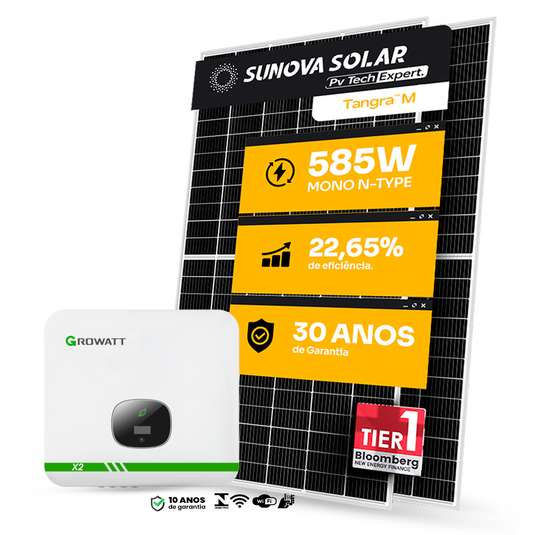 KIT ENERGIA SOLAR 1950KWH MÊS 14,62KWP 25 PAINEL SUNOVA 585W INVERSOR GROWATT 10KW TL-X2 220V 3MPPT