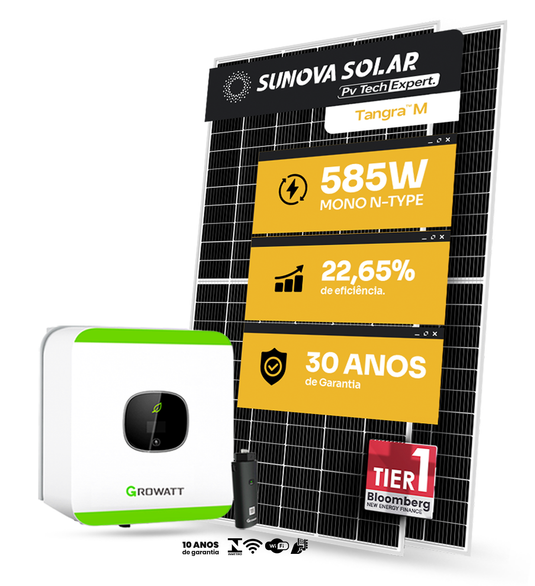 KIT ENERGIA SOLAR 1250KWH MÊS 9,36KWP 16 PAINEL SUNOVA 585W INVERSOR GROWATT 8KW 220V 2MPPT