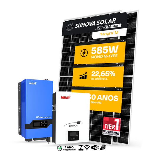 KIT ENERGIA SOLAR OFFGRID 3,51KWP 6 PAINEL SUNOVA 585W INVERSOR MUST 5KW 110V BATERIA LITIO 5,12KWH